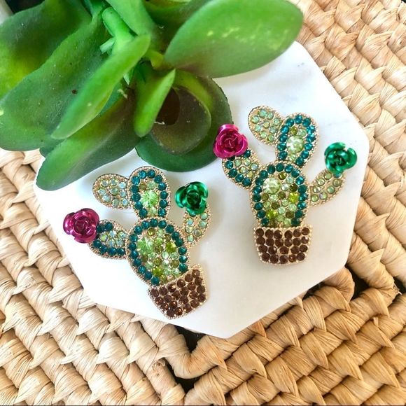 NEW! Bling Cactus with Rose Statement Earrings - Picture 4 of 11